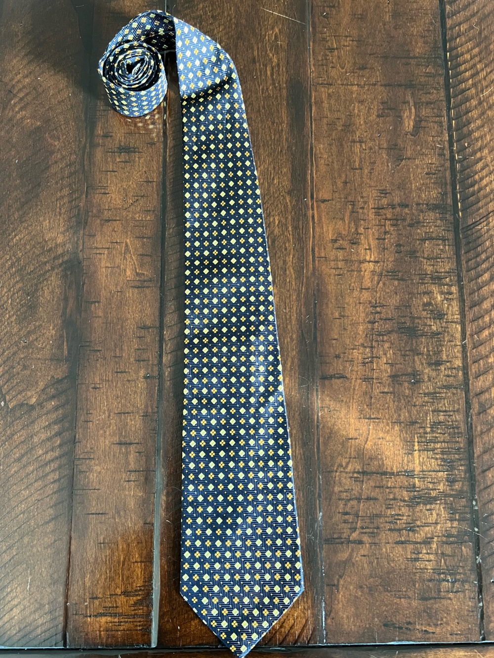 Paul Fredrick Navy Tie with Yellow Geometric Motif